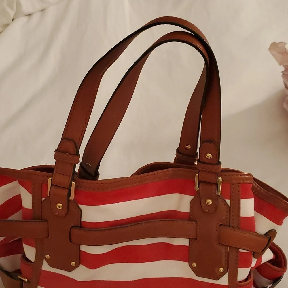 Michael Kors Gansevort canvas Purse Tote Striped red white - Picture 10 of 11